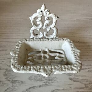 Vintage White Cast Iron Soap Dish Metal Farmhouse Style Countertop bar of 6 x 4